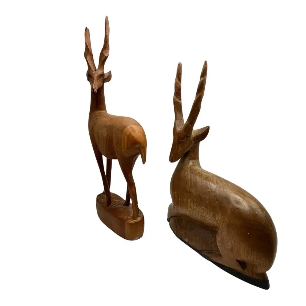 1967 Antelopes Figurines Sculptures Vintate Hand Carved Signed Wood
